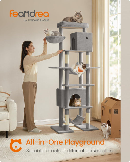 Cat Tree, 79.1 Inch Tall Cat Tower for Indoor Cats, Multi-Level Large Cat Condo with 4 Scratching Posts, 2 Hammocks, a Perch, 2 Cat Caves, Anti-Tip Kit, Light Gray UPCT195G01