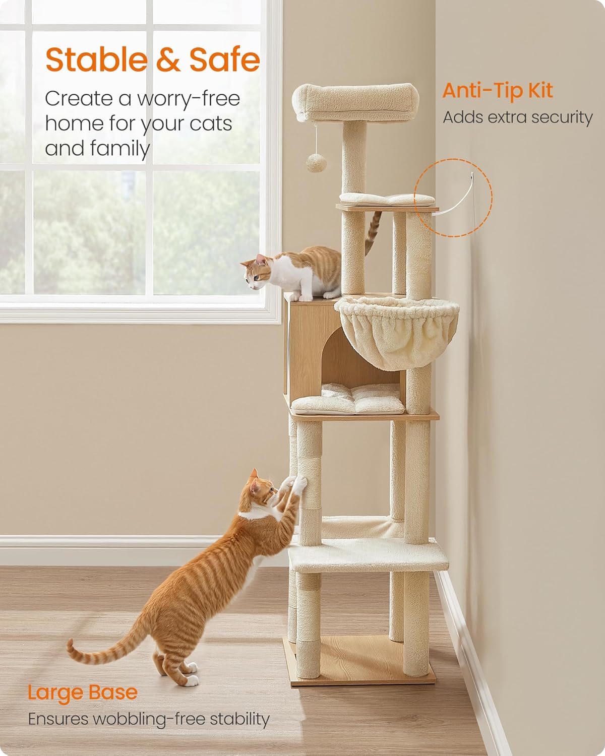 Cat Tree, 65-Inch Tall Cat Tower, Multi-Level Cat Condo with Cave, Basket, Hammock, Pompom, Scratching Posts, Almond Yellow UPCT118Y01