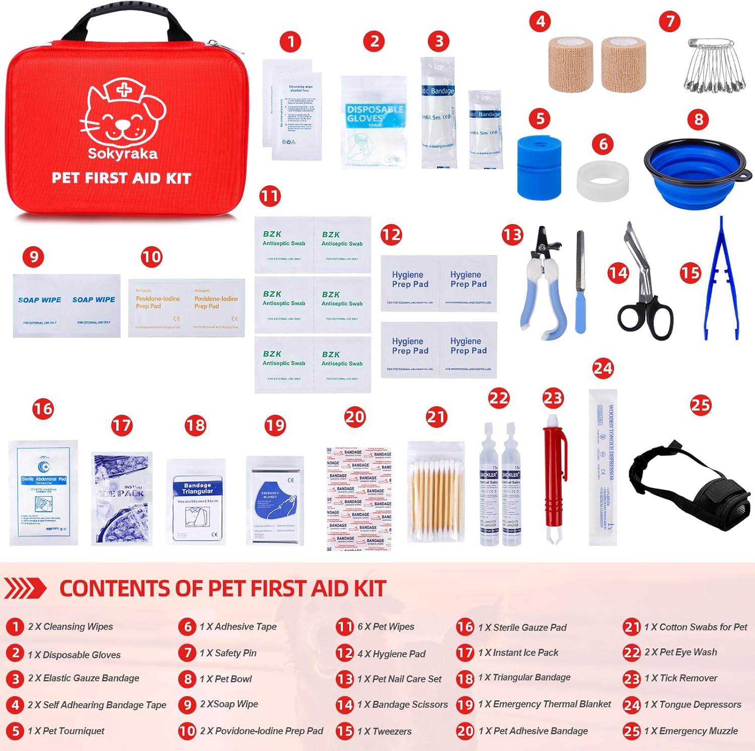 Dog First Aid Kit (39 PCS) for Car, Travel & Camping – Pet Emergency Kit for Dogs & Cats with Muzzle, Collapsible Water Bowl, Tweezers & Scissors – Portable Water-Resistant Bag for Home & Road Trips