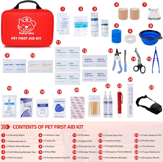 Dog First Aid Kit (39 PCS) for Car, Travel & Camping – Pet Emergency Kit for Dogs & Cats with Muzzle, Collapsible Water Bowl, Tweezers & Scissors – Portable Water-Resistant Bag for Home & Road Trips