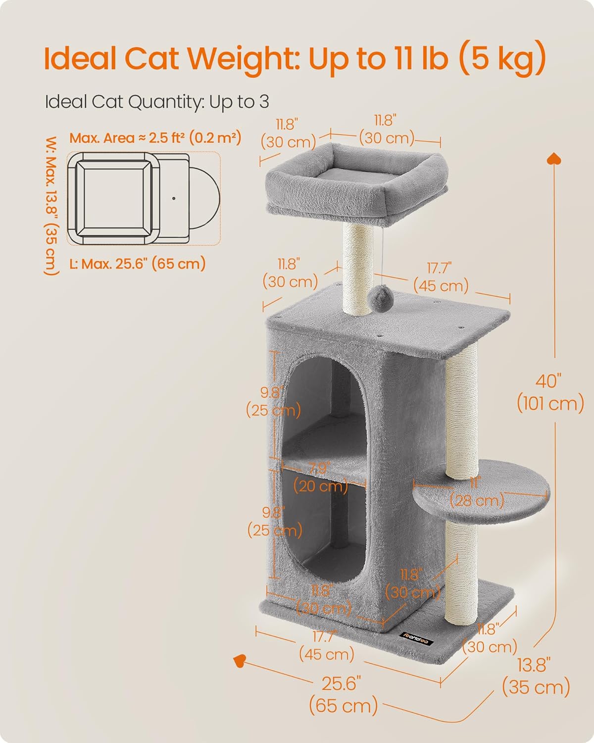Cat Tree Tower with 2 Caves for Multi-Cat Households, Kittens, Scratching Posts, Light Gray UPCT005G01