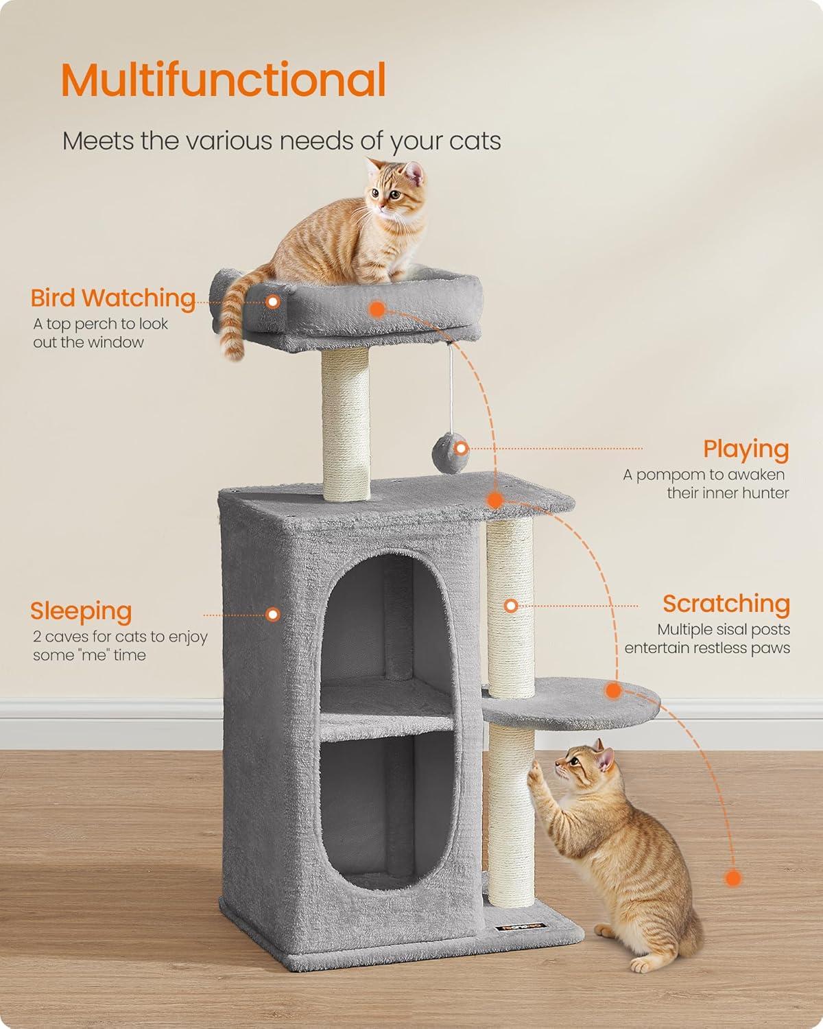 Cat Tree Tower with 2 Caves for Multi-Cat Households, Kittens, Scratching Posts, Light Gray UPCT005G01