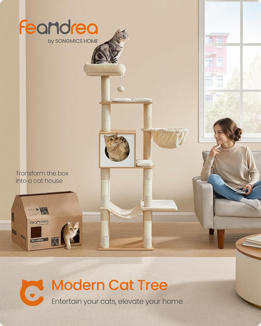 Cat Tree, 65-Inch Tall Cat Tower, Multi-Level Cat Condo with Cave, Basket, Hammock, Pompom, Scratching Posts, Almond Yellow UPCT118Y01