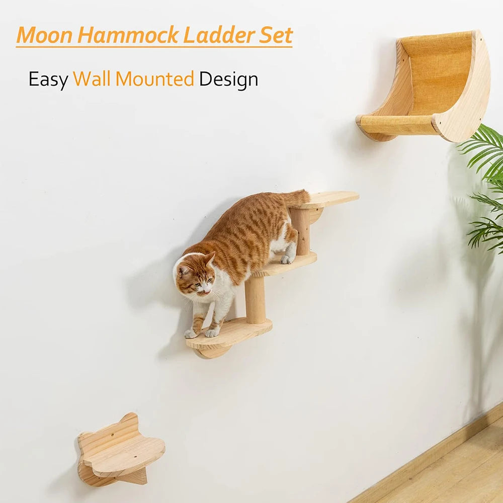 Wall Mounted Moon Hammock Beds for Cats Climbing Shelf Walk Steps Solid Wood Perch Bridges Scratching Posts Furniture for Cats