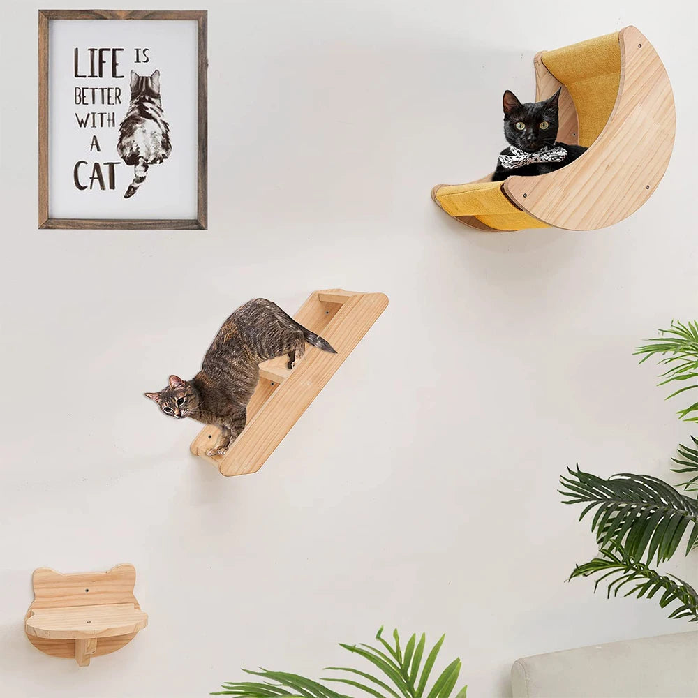 Wall Mounted Moon Hammock Beds for Cats Climbing Shelf Walk Steps Solid Wood Perch Bridges Scratching Posts Furniture for Cats