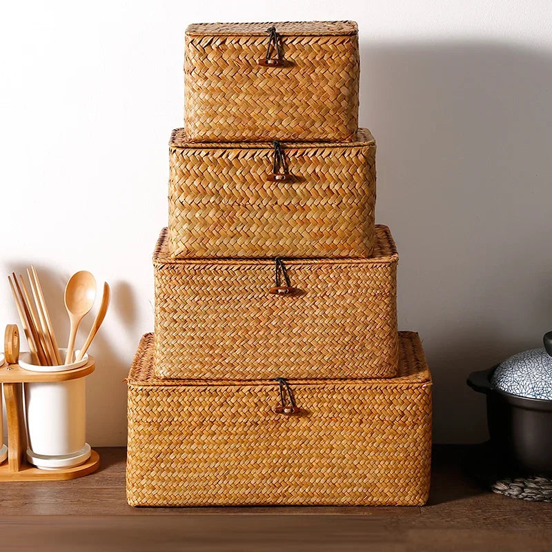Handmade Seagrass Woven Storage Box Seaweed Storage Finishing Basket with Lid Sundry Bath Cosmetic Towel Container Mx01161829