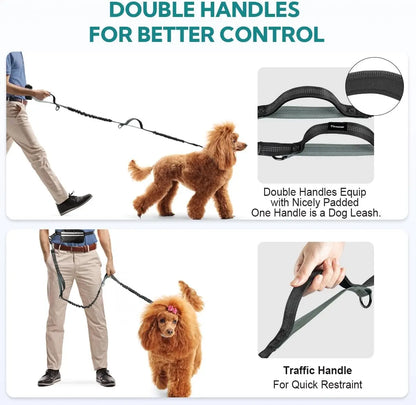 Hands Free Dog Leash with Pouch, Double Leash for Two Dogs, Retractable Bungee with Double Padded Handles, Dog Harness