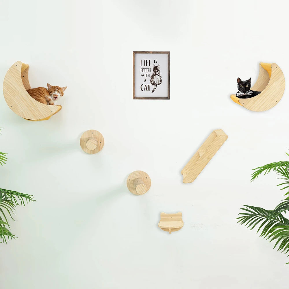 Wall Mounted Moon Hammock Beds for Cats Climbing Shelf Walk Steps Solid Wood Perch Bridges Scratching Posts Furniture for Cats