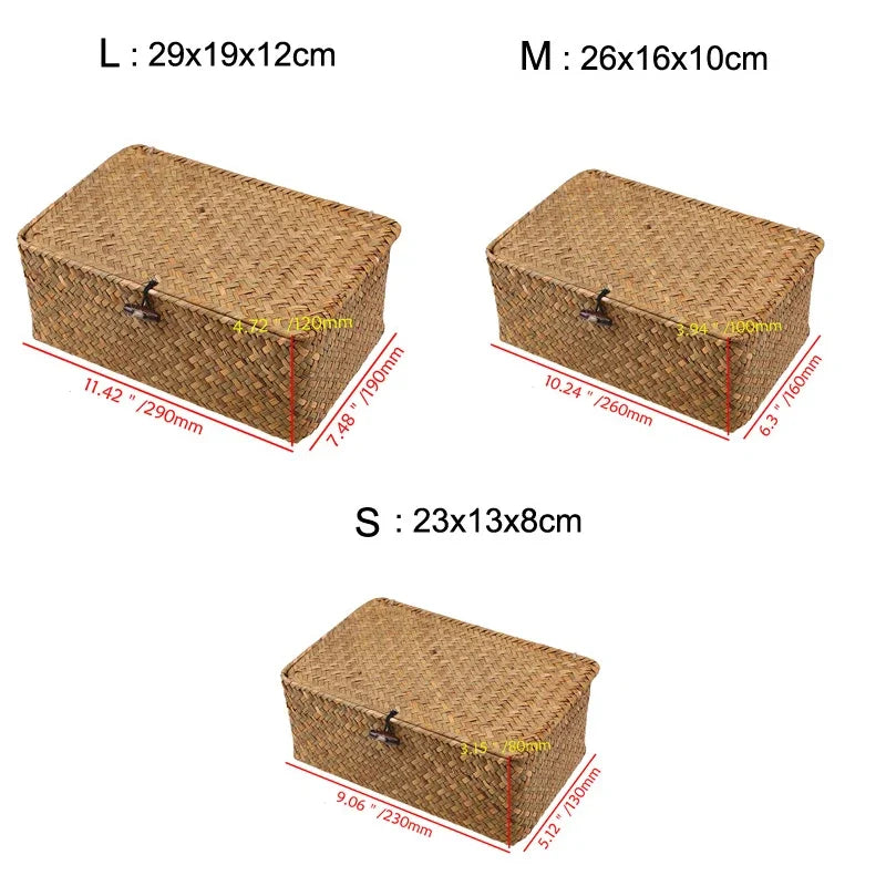 Handmade Seagrass Woven Storage Box Seaweed Storage Finishing Basket with Lid Sundry Bath Cosmetic Towel Container Mx01161829