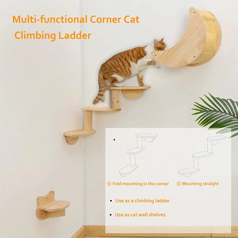 Wall Mounted Moon Hammock Beds for Cats Climbing Shelf Walk Steps Solid Wood Perch Bridges Scratching Posts Furniture for Cats