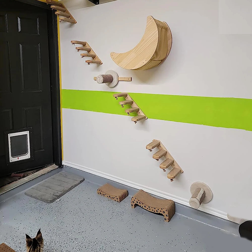 Wall Mounted Moon Hammock Beds for Cats Climbing Shelf Walk Steps Solid Wood Perch Bridges Scratching Posts Furniture for Cats