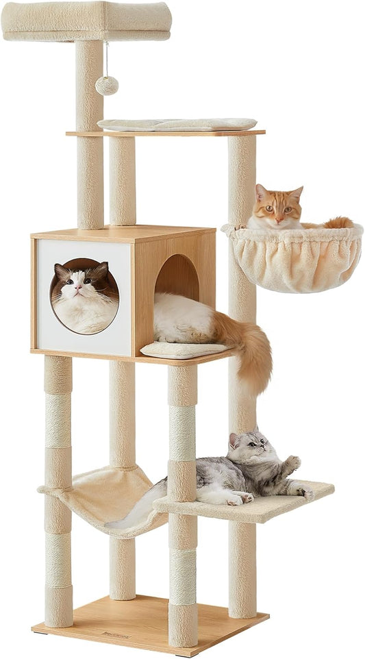Cat Tree, 65-Inch Tall Cat Tower, Multi-Level Cat Condo with Cave, Basket, Hammock, Pompom, Scratching Posts, Almond Yellow UPCT118Y01