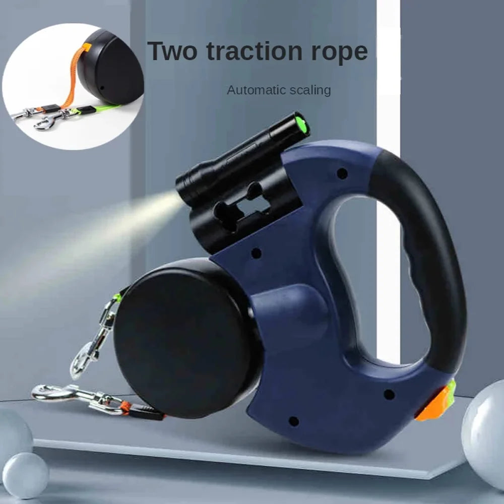 (2) Two Dog Reflective Retractable Pet Leash Ropes – 360 Degree Zero Tangle - Two Dogs Each up to 50 Lbs, Reflective Orange and Green Leads, Dual Locking, Auto Retractable with Flashlight