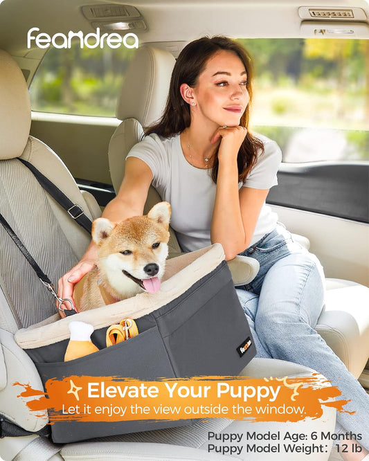 Dog Car Seat, Pet Booster Seat for Small Dogs up to 18 Lb, with Adjustable Straps, Removable Washable Fleece Liner, 4 Pockets, for Front Seats, Back Seats, Gray and Beige UPBS042G01